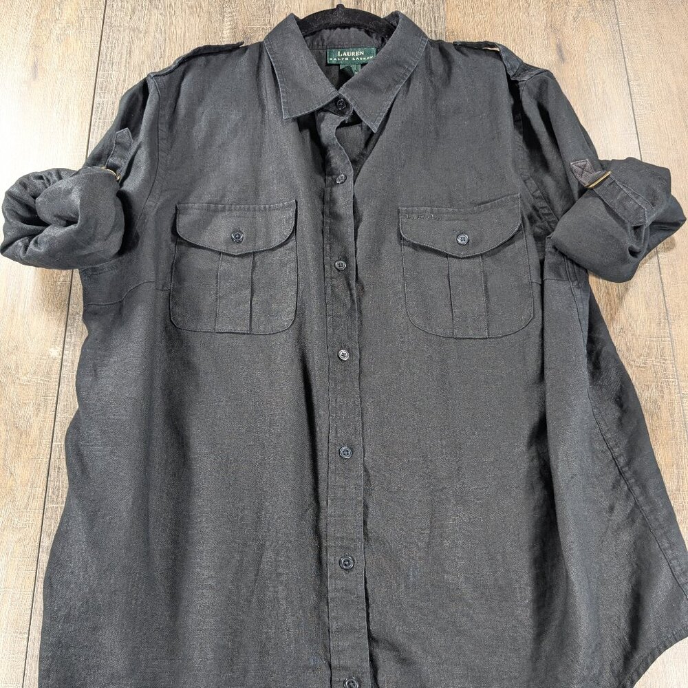 Lauren Ralph Lauren Top Womens 1X Black 100% Linen Button Pockets Preppy Beach